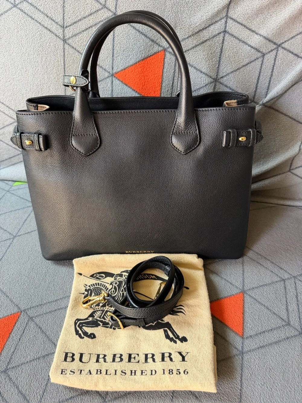 Burberry Black Leather Top-Handle Tote with long strap